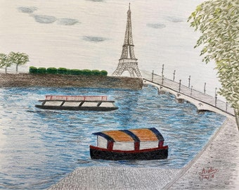 A beautiful colored pencil drawing of Eiffel tower, Seine river in Paris