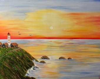 Può includere: Un dipinto che raffigura un faro su una scogliera che si affaccia su un mare calmo al tramonto. Il cielo è di un arancione e giallo vibrante, con una piccola luna bianca visibile. Il faro è bianco con un tetto rosso, e ci sono alcune piccole case raggruppate intorno ad esso. Il mare è di un blu profondo, con alcune piccole onde che si infrangono sulla riva.
