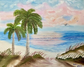 A beautiful oil painting of Palm Trees on  a beach.