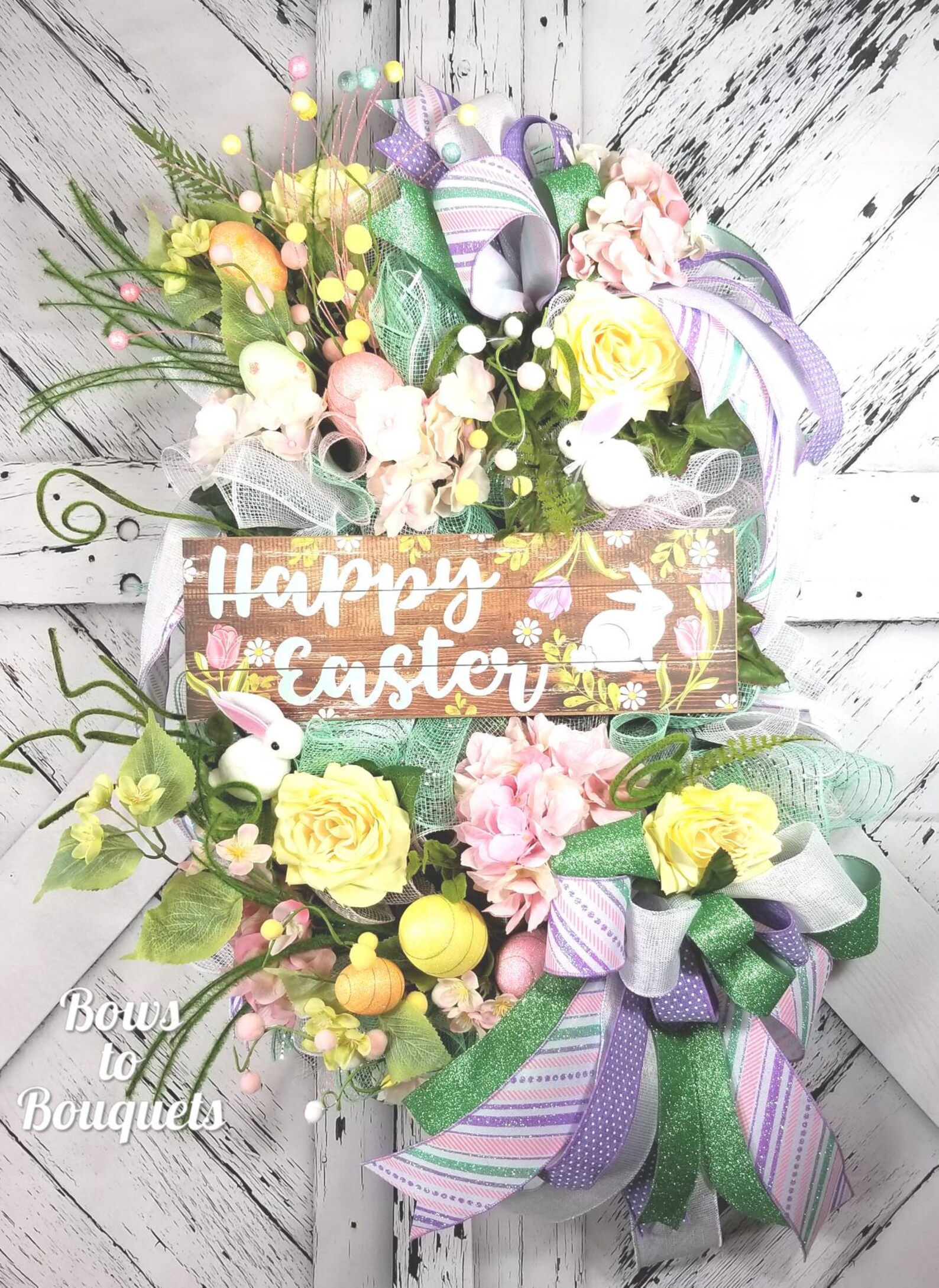 Happy Easter Deco Mesh Wreaths with Flowers, Greenery, Eggs and Twig Berries Happy Easter Deco Mesh Wreaths with Flowers, Greenery, Eggs and Twig Berries