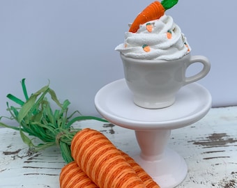 Tea cup, mini, faux whip, fake bake, carrot, Easter, faux sweets, fake food, tiered tray, Easter decor