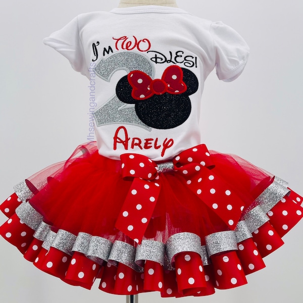 Minnie Birthday Shirt and Tutu, Birthday Outfit, Red Minnie Birthday Outfit, Second Birthday Outfit, 2nd b-day outfit