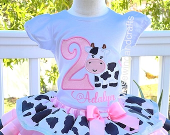 Girls' Cow Birthday Outfit: Embroidered Shirt, Pink Tutu