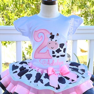 Girls&#39; Cow Birthday Outfit: Embroidered Shirt, Pink Tutu