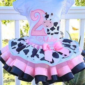 Pink Cow Birthday Outfit: Embroidered Farm Animal Shirt & Tutu