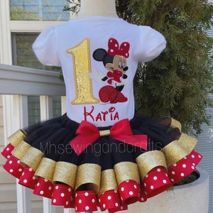 Embroidered Minnie Birthday Outfit: Red and Gold Tutu Set
