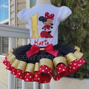 Embroidered Minnie Birthday Outfit: Red & Gold Tutu Set