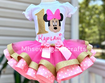 Minnie Shirt and Tutu Set, Hot Pink, Gold Minnie Birthday Outfit, Minnie Shirt,1st, 2nd, 3rd Minnie Birthday Outfit