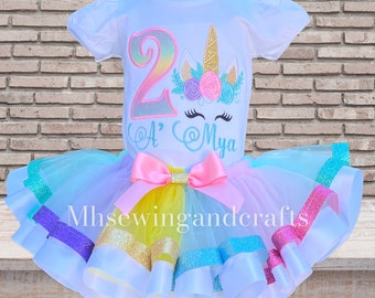 Embroidered Unicorn Birthday Outfit: Floral Shirt & Glitter Tutu