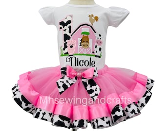 Girls Farm Birthday Outfit: Pink Cow Shirt & Tutu