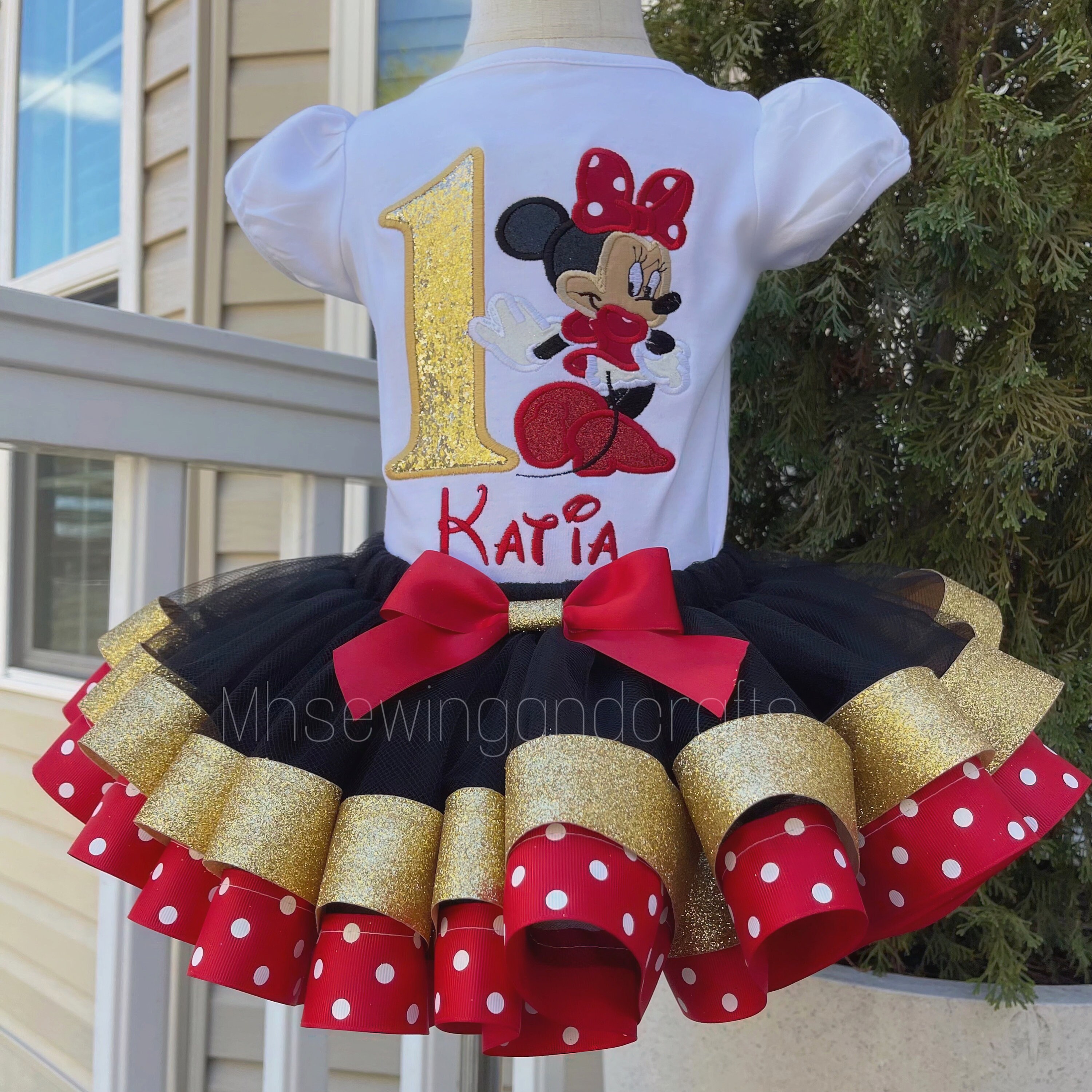 minnie mouse birthday outfit dress Tutu Dress- 3 pc set This design is made using a heat transfer paper and is sealed using a professional heat presser Personalized Pink and Gold Minnie