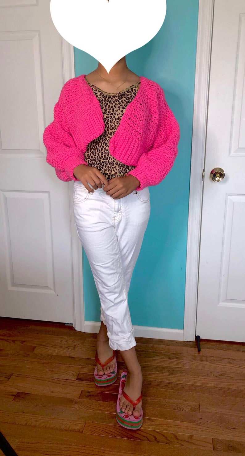 Pink Puff Sleeve Cropped Crocheted Cardigan Etsy