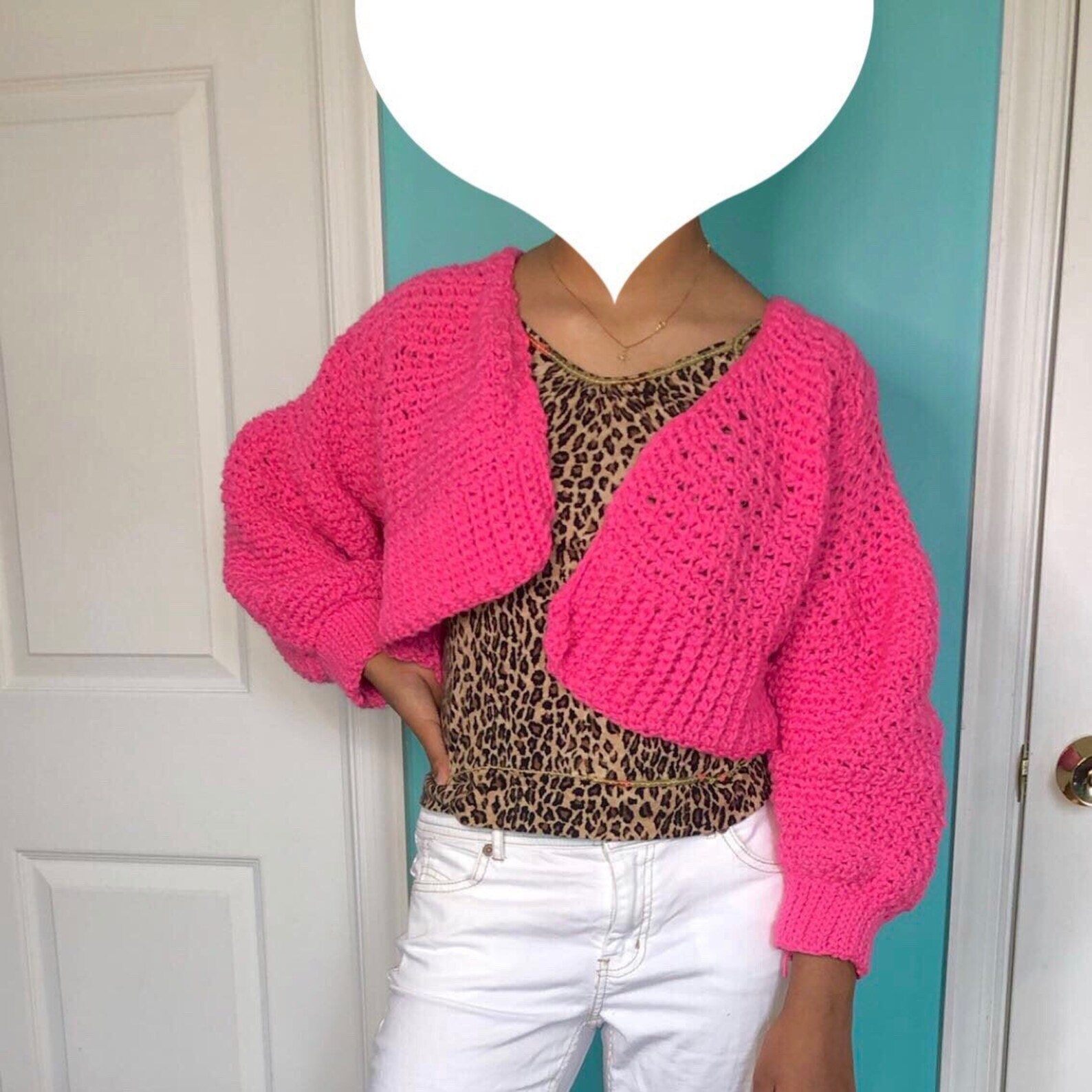 Pink Puff Sleeve Cropped Crocheted Cardigan Etsy