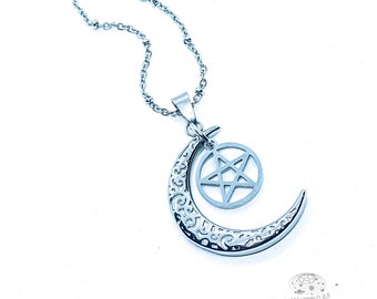 Moon Necklace with Rare Yellow Green Scottish Sea Glass Wicca Jewelry Crescent Moon Charm