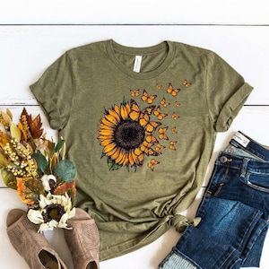 Sunflower Butterfly Shirt, Butterfly Tee, Mothers Day Gift Shirt, Sunflower Shirt, Floral V-neck, Flowers Gift T-shirt, Botanical Tee, Cute