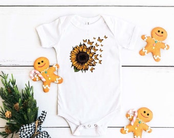 Sunflower Baby Bodysuit, Sunflower Butterfly Onsie,Butterfly Tee, Sunflower Baby Romper,Flowers Gift, Botanical Baby Gift, Daisy, Wildflower