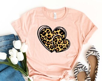 Leopard Printing Heart Shirt, Heart Shirt, Cute Valentine Shirt, Valentines Day Shirts For Woman, Couple Matching Shirt, Mother's Day Shirt