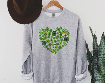 Clover Heart Sweatshirt, Shenanigans Sweater, St Patrick's Day, Irish Shamrock Shirt, Four Leaf Clover Pullover, Lucky Tee, Drinking Sweater