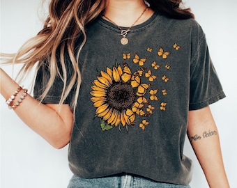 Sunflower Butterfly Shirt, Comfort Color Shirt®, Butterfly Tee, Mothers Day Gift Shirt, Sunflower Shirt, Floral V-neck, Flowers Gift T-shirt