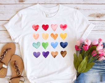 Watercolor Heart Shirt, Heart Graphic T-shirt, Watercolor Shirt, Valentine&#39;s Day Tee, Women Crewneck, Cute Hearts, Kids, Teachers Valentines