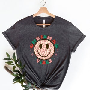 Christmas Vibes Shirt for Women,  Smile Face Shirts, Merry & Bright Tshirt, Christmas Crewneck, Holiday Shirt,Retro Shirt, Funny Family Tee