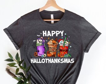 Happy Hallothanksmas Coffee, Christmas Shirt, Halloween Ghost Shirt, Funny Gnome Shirt, Xmas Season Shirt, Thanksgiving Shirt, Funny Shirt