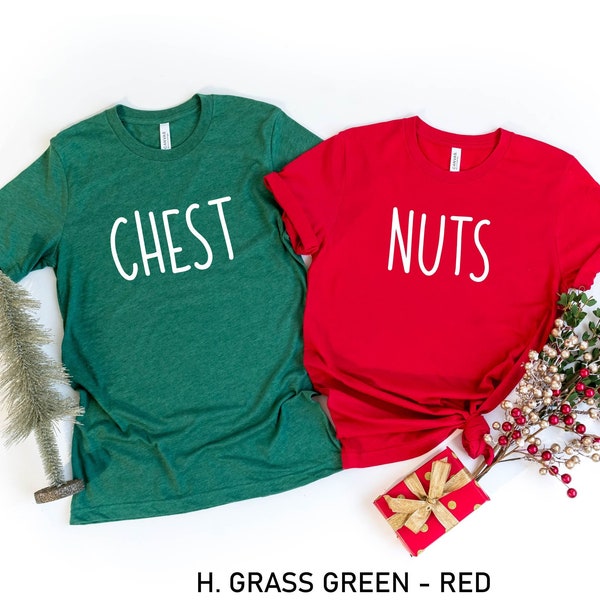 Chest Nuts Chestnuts Matching Christmas Pajamas, Christmas V-neck Shirt, Funny Matching Couples Christmas Shirts, Holiday Tee, Funny Saying