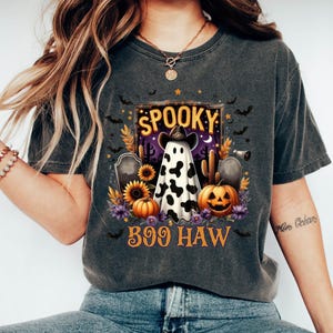 Cow Print Ghost Halloween Tee: Western Retro Fall Shirt