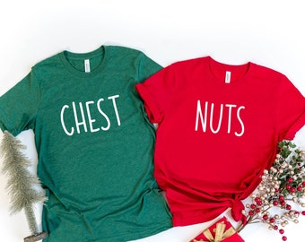 Chest Nuts Chestnuts Matching Christmas Pajamas, Christmas V-neck Shirt, Funny Matching Couples Christmas Shirts, Holiday Tee, Funny Saying