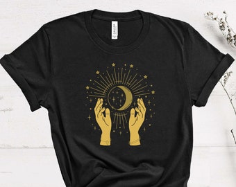 Mystic Moon Shirt, Moon T-Shirt, Magic Hands Shirt, Boho Vintage Moon Shirt, Faith Shirt, Spiritual T-Shirt, Woman Shirt, Celestial Tshirt
