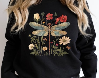 Dragonfly Floral Sweatshirt: Boho Cottagecore Botanical Apparel