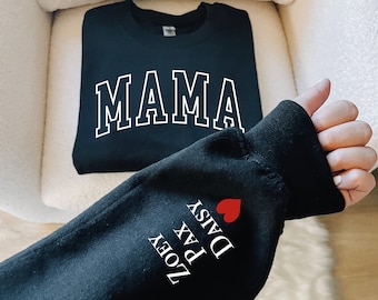 Personalized Mama Sweatshirt, Kid Names on Sleeve, Mothers Day Gift, Birthday Gift for Mom, New Mom Gift, Minimalist Shirt, Cool Mom Sweater