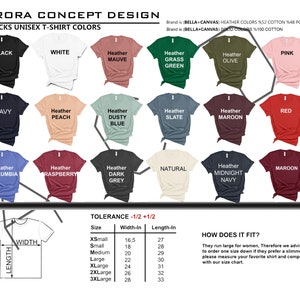 K&ouml;nnte beinhalten: Eine Tabelle, die die verschiedenen Farben der verf&uuml;gbaren Unisex-T-Shirts zeigt. Die Farben umfassen Schwarz, Wei&szlig;, Heather Mauve, Heather Grasgr&uuml;n, Heather Olive, Pink, Navy, Heather Peach, Heather Dusty Blue, Heather Slate, Heather Maroon, Rot, Heather Columbia, Heather Raspberry, Heather Dark Grey, Natural, Heather Midnight Navy und Maroon. Die Tabelle enth&auml;lt auch eine Gr&ouml;&szlig;entabelle mit Ma&szlig;en in Zoll.