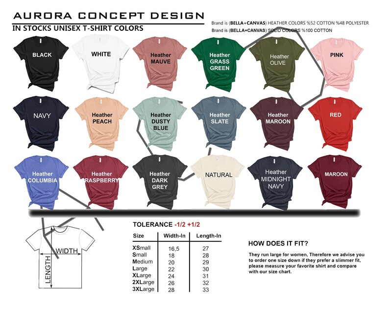 K&ouml;nnte beinhalten: Eine Tabelle, die die verschiedenen Farben der verf&uuml;gbaren Unisex-T-Shirts zeigt. Die Farben umfassen Schwarz, Wei&szlig;, Heather Mauve, Heather Grasgr&uuml;n, Heather Olive, Pink, Navy, Heather Peach, Heather Dusty Blue, Heather Slate, Heather Maroon, Rot, Heather Columbia, Heather Raspberry, Heather Dark Grey, Natural, Heather Midnight Navy und Maroon. Die Tabelle enth&auml;lt auch eine Gr&ouml;&szlig;entabelle mit Ma&szlig;en in Zoll.
