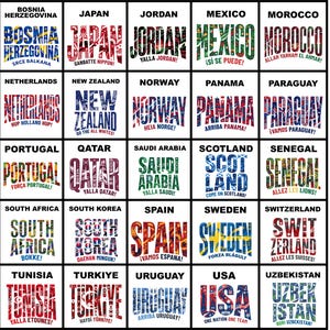 May include: A grid of twenty-five square graphic designs, each featuring a country name in large, stylized, patterned typography. Below each country name is a short, bold slogan in a smaller font. The designs use diverse color palettes and cultural motifs.