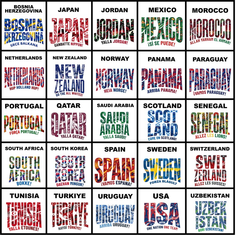 May include: A grid of twenty-five square graphic designs, each featuring a country name in large, stylized, patterned typography. Below each country name is a short, bold slogan in a smaller font. The designs use diverse color palettes and cultural motifs.