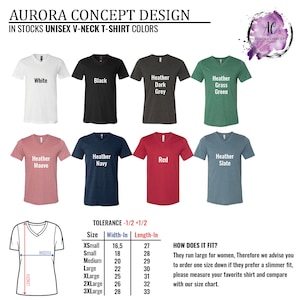 May include: A chart showing the different colors and sizes of unisex V-neck t-shirts. The chart includes a size guide with measurements in inches for width and length. The text "TOLERANCE - 1/2 + 1/2" is included in the chart.