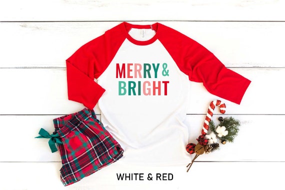 Merry and Bright Raglan Shirt, Christmas Baseball Tee, Holiday Baseball T-shirt, for Women Christmas Shirt for Kids, Toddler Holiday Shirts