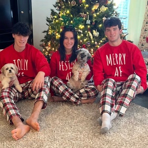 May include: Three people wearing red and white plaid pajamas with festive Christmas-themed text on their shirts. The text on the shirts reads "Jolly", "Festive AF", and "Merry AF". Two small dogs are sitting in front of the people.