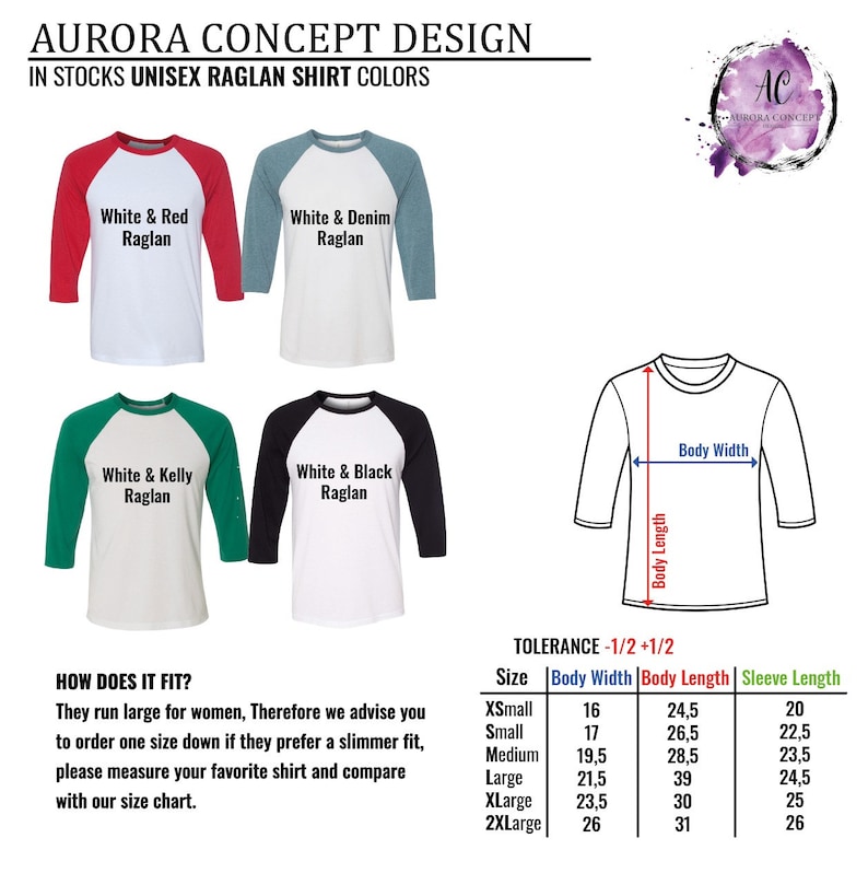 Puede incluir: Una tabla de tallas para camisas raglan unisex con diferentes combinaciones de colores. La tabla muestra el ancho del cuerpo, la longitud del cuerpo y la longitud de la manga en pulgadas para las tallas X-Small a 2X-Large. La tabla tambi&eacute;n incluye una nota sobre el ajuste de las camisas, indicando que son grandes para las mujeres y aconsejando pedir una talla menos para un ajuste m&aacute;s delgado.