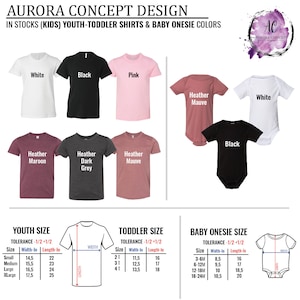 May include: A chart showing different color options for youth, toddler, and baby onesies. The chart includes size charts for each category with measurements in inches. The colors include white, black, pink, heather maroon, heather dark grey, and heather mauve.