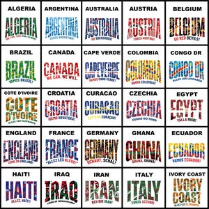 May include: A grid of twenty-five square graphic designs, each featuring a country name in large, stylized, multi-colored typography. Below each name is a short, country-specific cheer or slogan. The designs incorporate various patterns, colors, and symbols representing each nation, such as Algeria, Argentina, Australia, Austria, Belgium, Brazil, Canada, Cape Verde, Colombia, Congo DR, Cote d'Ivoire, Croatia, Curacao, Czechia, Egypt, England, France, Germany, Ghana, Ecuador, Haiti, Iraq, Iran, Italy, and Ivory Coast.