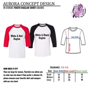 May include: Two youth raglan shirts, one white with red sleeves and one white with black sleeves. The shirts are shown with a size chart that includes body width, body length, and sleeve length in inches.