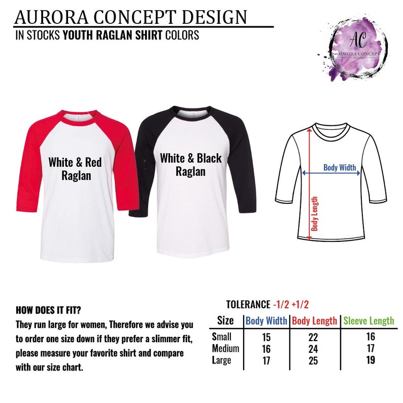 May include: Two youth raglan shirts, one white with red sleeves and one white with black sleeves. The shirts are shown with a size chart that includes body width, body length, and sleeve length in inches.