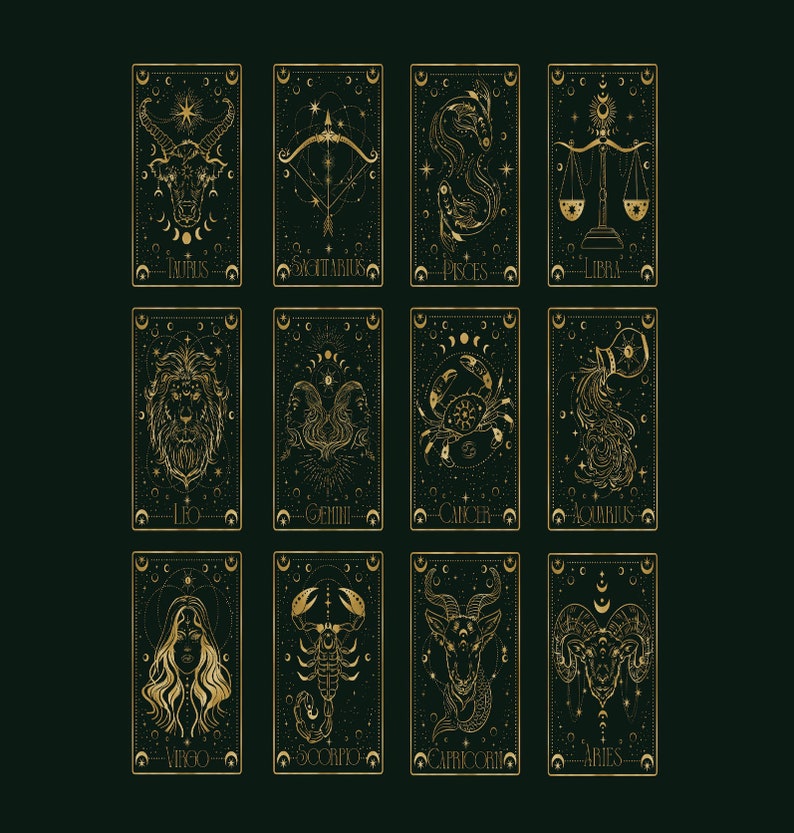 Może przedstawiać: Zestaw 12 złotych znak&oacute;w zodiaku na ciemnozielonym tle. Każdy znak jest przedstawiony w stylizowanej ilustracji z symbolami niebieskimi i gwiazdami. Znaki to: Byk, Strzelec, Ryby, Waga, Lew, Bliźnięta, Rak, Wodnik, Panna, Skorpion, Koziorożec i Baran.