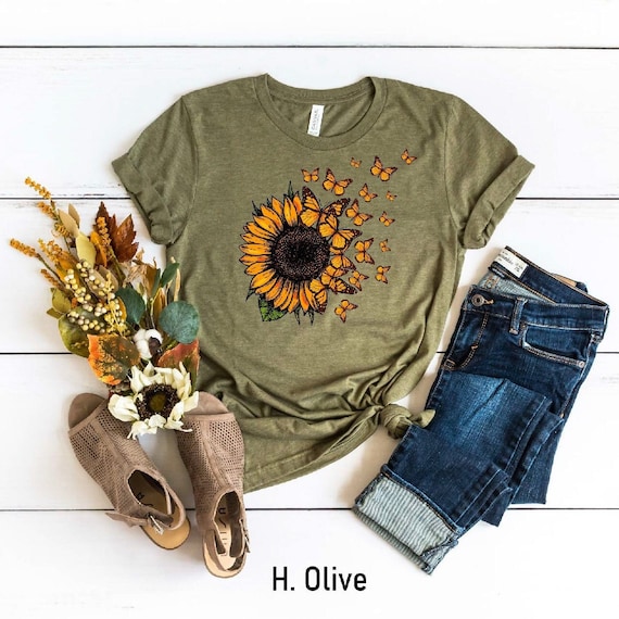Sunflower Butterfly Shirt, Butterfly Tee, Mothers Day Gift Shirt, Sunflower Shirt, Floral V-neck, Flowers Gift T-shirt, Botanical Tee, Cute