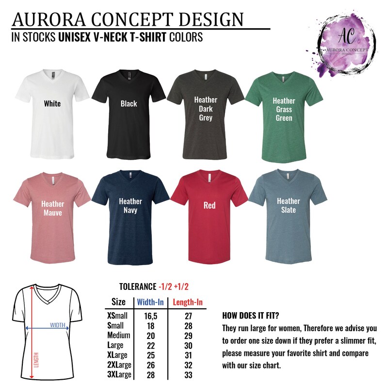 K&ouml;nnte beinhalten: Eine Tabelle, die die verschiedenen Farben und Gr&ouml;&szlig;en von Unisex-V-Ausschnitt-T-Shirts zeigt. Die Tabelle enth&auml;lt eine Gr&ouml;&szlig;entabelle mit Ma&szlig;en in Zoll f&uuml;r Breite und L&auml;nge. Der Text "TOLERANCE - 1/2 + 1/2" ist in der Tabelle enthalten.