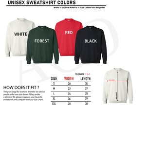 K&ouml;nnte beinhalten: Unisex-Sweatshirt in den Farben Wei&szlig;, Rot, Waldgr&uuml;n und Schwarz. Gr&ouml;&szlig;entabelle mit Breite und L&auml;nge in Zoll. Die Marke ist Gildan, das Material ist 50% Baumwolle und 50% Polyester.