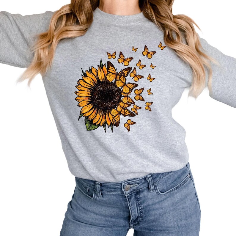 Sunflower Butterfly Sweatshirt, Butterfly Tee, Mothers Day Gift Shirt, Sunflower Shirt, Floral Sweatshirt, Flowers Gift Shirt, Botanical Tee image 3
