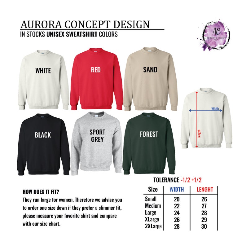 Peut inclure: Six sweat-shirts unisexes de diff&eacute;rentes couleurs&nbsp;: blanc, rouge, sable, noir, gris et vert. Les sweat-shirts sont pr&eacute;sent&eacute;s sur un fond blanc. Un tableau des tailles est inclus avec les mesures en pouces pour la largeur et la longueur.